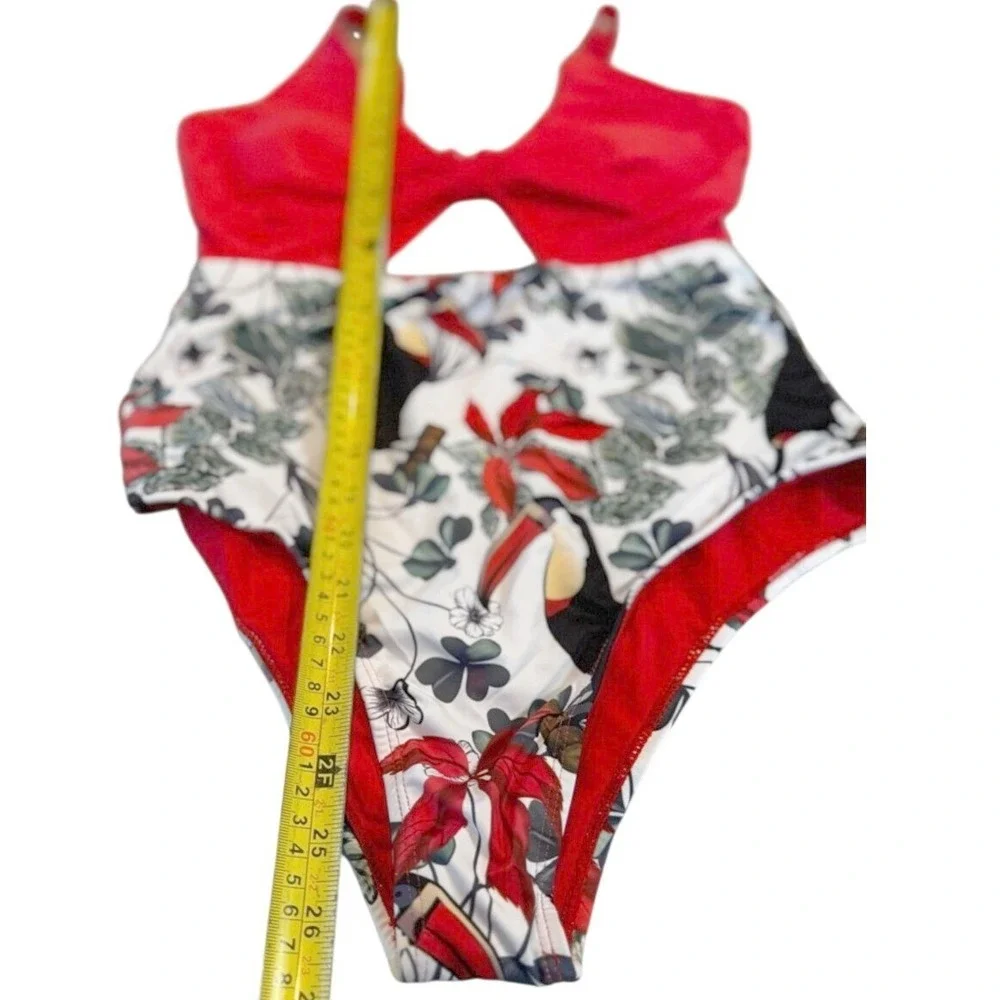 Red Tropical One-Piece Swimsuit with‎ Toucan Print